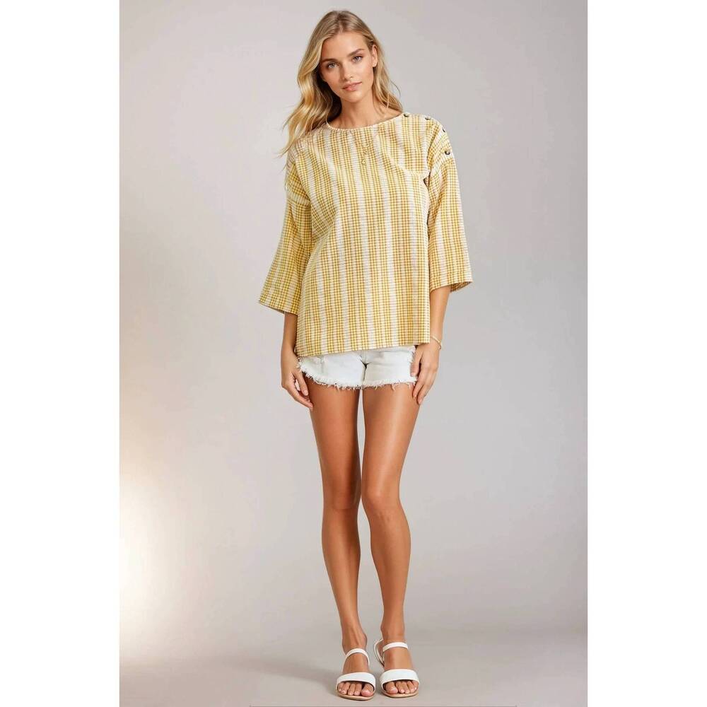 NEW DOE AND RAE drop shoulder checker top in sunlight